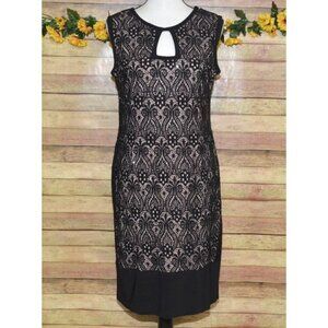 R&M Richards Ladies 12 Black Taupe Sequin Lace Sheath Dress Evening Wear Party